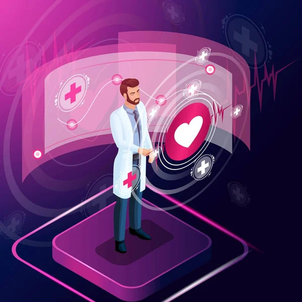 Isometric surgeon looks at the tests, diagnoses the disease and monitors its development, prescribes a medicine for treatment, work with high technologies — Stock Vector