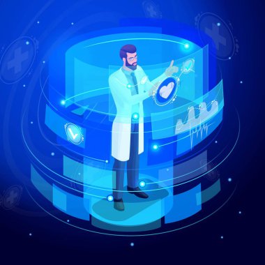 Sanal ekran, monitör, izometrik Doktor eserlerinden uzaktan yaşam destek için tıbbi cihazlar kontrol eder. High tech