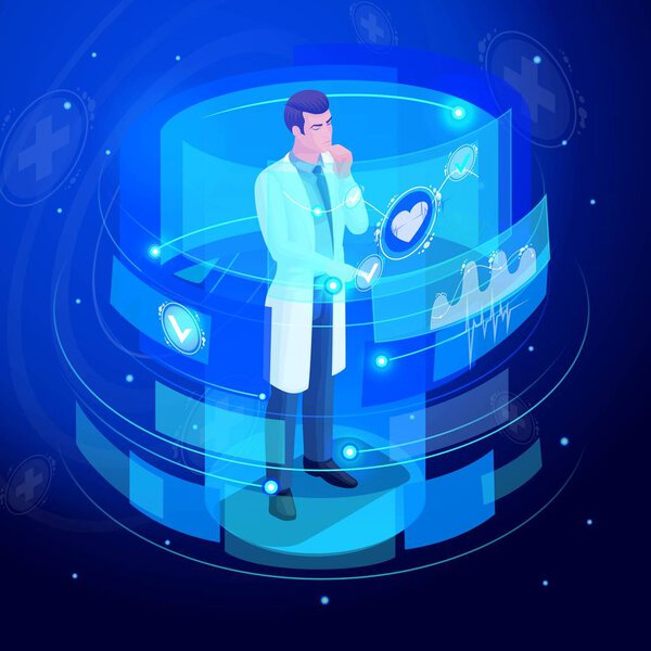 Isometric doctor works on a virtual screen, monitors, set 2, remote controls medical devices for life support. High tech