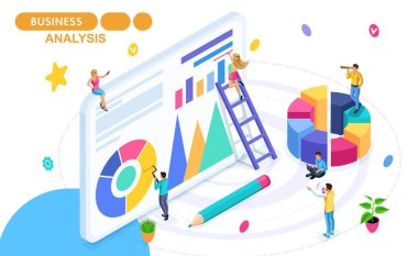Veri toplama ve analizi, istatistik toplama ve raporları izometrik kavramı. İzometrik insanlar hareket. Kavramlar web afiş ve basılı malzemeleri için