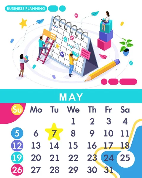Isometric month May from set calendar of 2019. Business planing. Concept creating a business strategy. Isometric people on a white background — Stock Vector