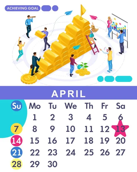 Isometric month April from set calendar of 2019. Business plan to achieve the goal. Concept creating a business strategy. Isometric people on a white background — Stock Vector