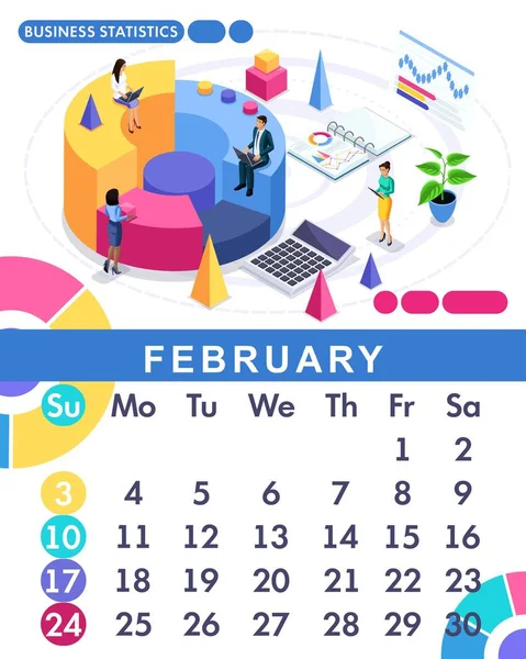 Isometric month February from set calendar of 2019. Financial administration concept. Concept creating a business strategy. Isometric people on a white background — Stock Vector