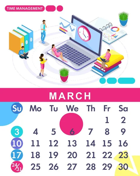 Isometrische maand maart uit vastgestelde agenda van 2019. Tijd beheer banner. Concept maken een bedrijfsstrategie. Isometrische mensen op een witte achtergrond — Stockvector