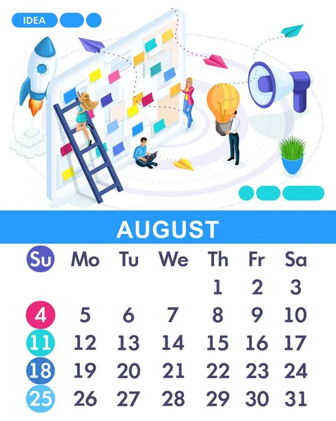 Mes isométrico de agosto a partir del calendario establecido de 2019. Concepto de crear una idea de negocio. Concepto de creación de una estrategia de negocio. Personas isométricas sobre un fondo blanco — Archivo Imágenes Vectoriales