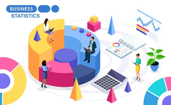 Isometrische Concept van de verzameling en analyse van gegevens over het werk van het project. Isometrische mensen onderweg. Concepten voor webbanners en drukwerk — Stockvector