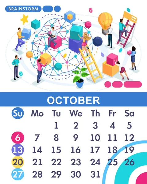 Mes isométrico Octubre del calendario principal de 2019. El concepto de lluvia de ideas, los empleados desarrollan una estrategia de negocio, la idea de desarrollo — Vector de stock