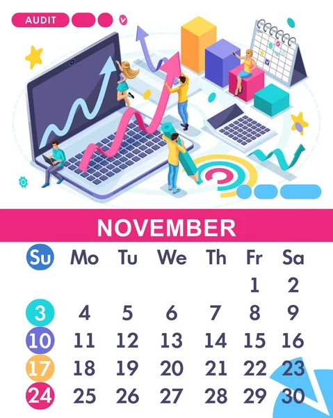 Mes isométrico Noviembre del calendario principal de 2019. El concepto de una auditoría, contable hacer análisis de informes de negocios — Vector de stock