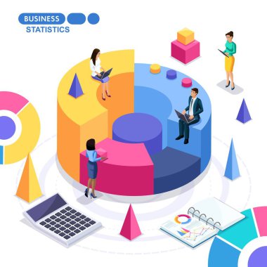 İzometrik iş kavramı, ekip çalışması, iş istatistikleri, çizelgeler, grafikler, raporlar. Genç Girişimciler iş stratejisi üzerinde çalışıyoruz