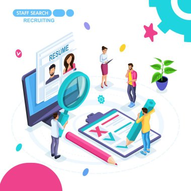 İş, çalışanların online arama, işe alma, özgeçmiş, dış kaynak izometrik kavramı. Genç Girişimciler iş stratejisi üzerinde çalışıyoruz