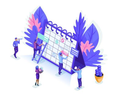 Isometrics people work together web industry. Little people make an online schedule. Design business graphics tasks scheduling on a week, isolated background clipart