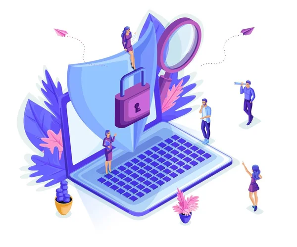Isometric small people working with a laptop, protecting information from theft, phishing, stealing money, antivirus. Young entrepreneurs. Isolated background — Stock Vector