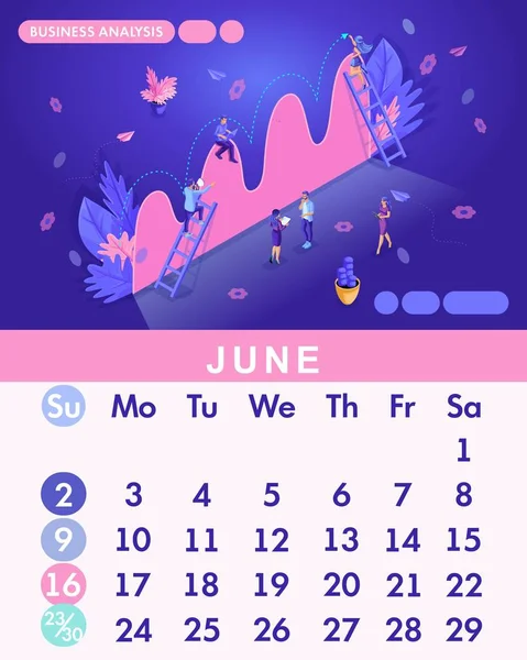Isometric month June from set calendar of 2019. People work, Business analysis. Concept creating a business strategy — Stock Vector