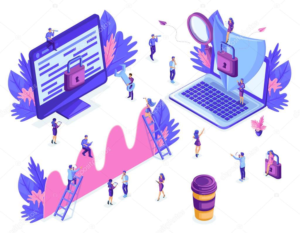 Isometric people work, business promotion, take-off on the career ladder, concept of protecting computer data for a web page, application development. Isolated background