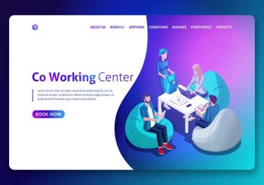 Web sitesi şablonu tasarımı. İzometrik kavramı açık çalışma alanı ve coworking. Açılış sayfası concept.3d izometrik vektör çizim. Düzenlemek ve özelleştirmek kolay