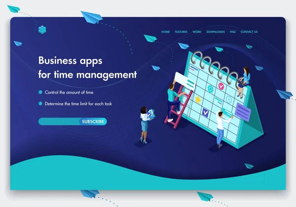 Diseño de plantilla de sitio web empresarial. Concepto isométrico del trabajo de las personas en aplicaciones de negocio para la gestión del tiempo. Fácil de editar y personalizar — Vector de stock