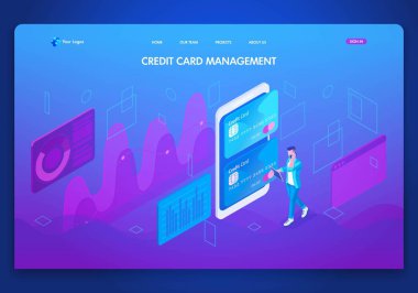 İş Web sitesi şablonu tasarımı. İzometrik kavramı kredi kartı yönetimi, on-line banka, hesap yönetimi. Düzenlemek ve özelleştirmek kolay