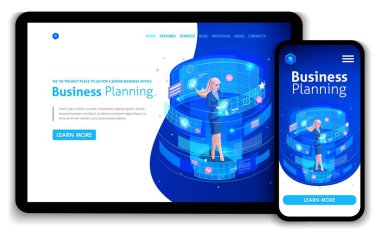 Business website template design. Isometric concept businessmen work, Augmented reality, time management, business planning. Easy to edit and customize, Responsive clipart