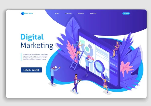 Landing page Equipo isométrico de especialistas que trabajan en la landing page de estrategia de marketing digital. Marketing digital. Fácil de editar y personalizar — Vector de stock