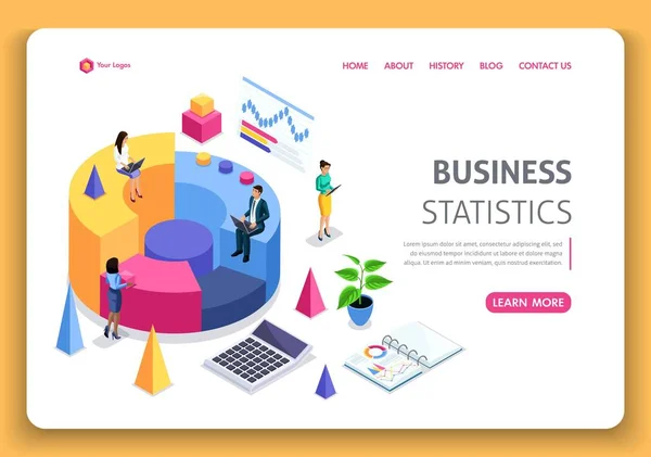 Desain templat situs bisnis. Konsep Isometrik. Konsultasi untuk kinerja perusahaan, analisis. Statistik dan pernyataan bisnis. Mudah untuk mengedit dan menyesuaikan - Stok Vektor