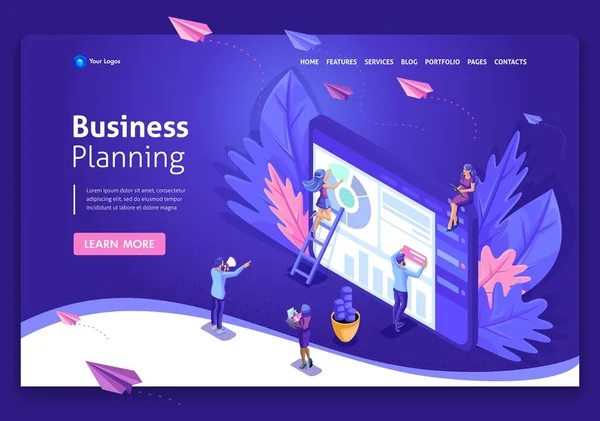 Diseño de plantilla de sitio web empresarial. Concepto isométrico trabajo en la recopilación de datos, gestión del tiempo, planificación de negocios. Fácil de editar y personalizar — Archivo Imágenes Vectoriales