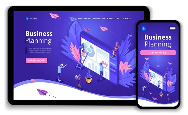 Diseño de plantilla de sitio web empresarial. Concepto isométrico trabajo en la recopilación de datos, gestión del tiempo, planificación de negocios. Fácil de editar y personalizar Responsive — Vector de stock