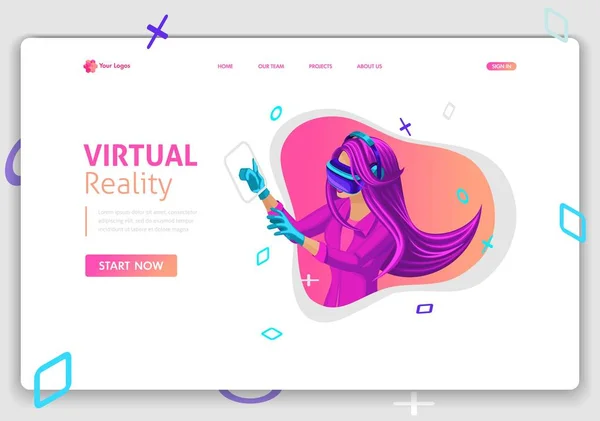 Mall webbplats isometrisk landning sida konceptet Vr virtuell verklighet koncept flicka augmented glasögon. Lätt att redigera och anpassa — Stock vektor