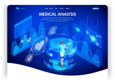 Website template design. Isometric concept medical analysis, doctors work on virtual screens. Web design landing page. Easy to edit and customize clipart