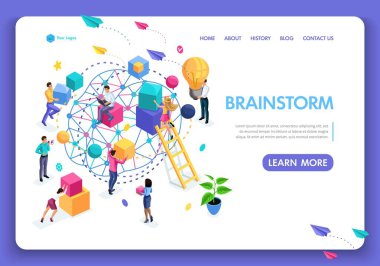 Template Website Isometric Landing page concept application form for employment. People are working on an idea, brainstorming. Easy to edit and customize clipart