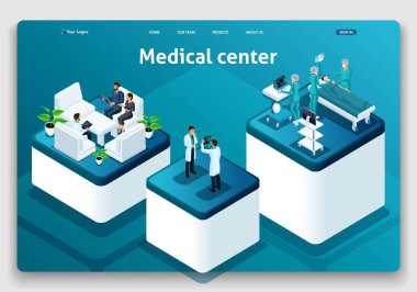 Şablon Web sitesi izometrik açılış sayfası kavramı tıbbi hastane. Bir hastanede doktor teşhisin hasta. Düzenlemek ve özelleştirmek kolay