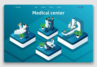 Şablon Web sitesi izometrik açılış sayfası kavramı tıbbi Center.Doctor teşhisin hastada bir hastane. Düzenlemek ve özelleştirmek kolay