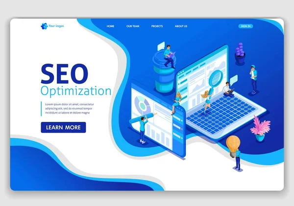 Modelo de site design SEO analytics landing page. Isométrico Search Engine Optimization conceito de análise. Especialistas em TI trabalhando. Fácil de editar e personalizar — Vetor de Stock