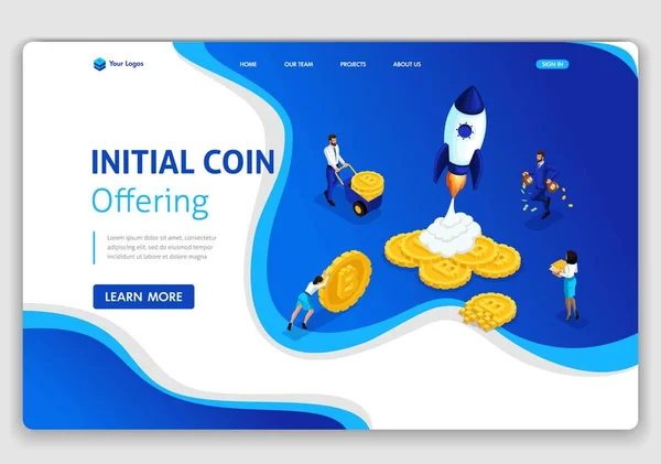 Plantilla Sitio Web Isométrico Concepto de Landing page conectado con servidores criptográficos para Oferta Inicial de Monedas ICO. Staptup ICO. Fácil de editar y personalizar — Vector de stock