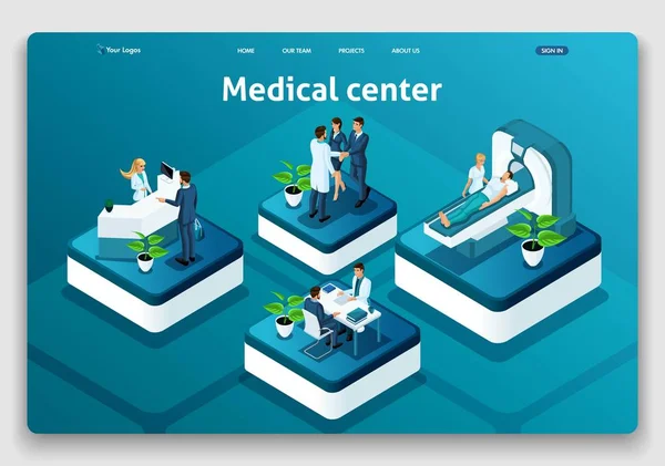 Template Website Isomric Landing page concept Medical Center.Medico che diagnostica il paziente in ospedale. Facile da modificare e personalizzare — Vettoriale Stock