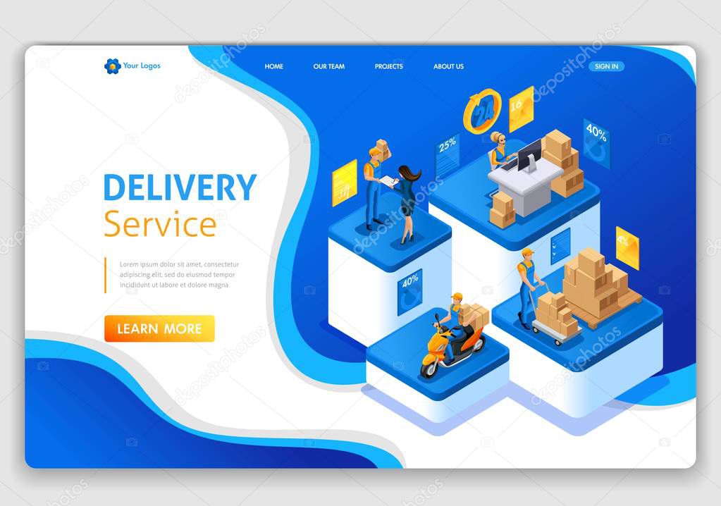 Website template design. Isometric concept Delivery serves. Express delivery, online order, call center. Easy to edit and customize landing page