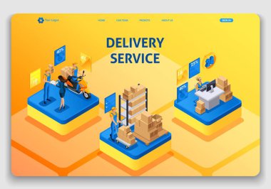 Web sitesi şablonu tasarımı. İzometrik kavramı teslim hizmeti ile çalışma. Hızlı teslim, online sipariş, çağrı merkezi. Kolay düzenleme ve açılış sayfasını özelleştirme