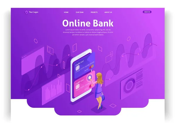 Web sitesi şablonu tasarımı. İzometrik kavramı online banka hesapları ile çalışan. Online banka. Kredi kartları. Kolay düzenleme ve açılış sayfasını özelleştirme — Stok Vektör