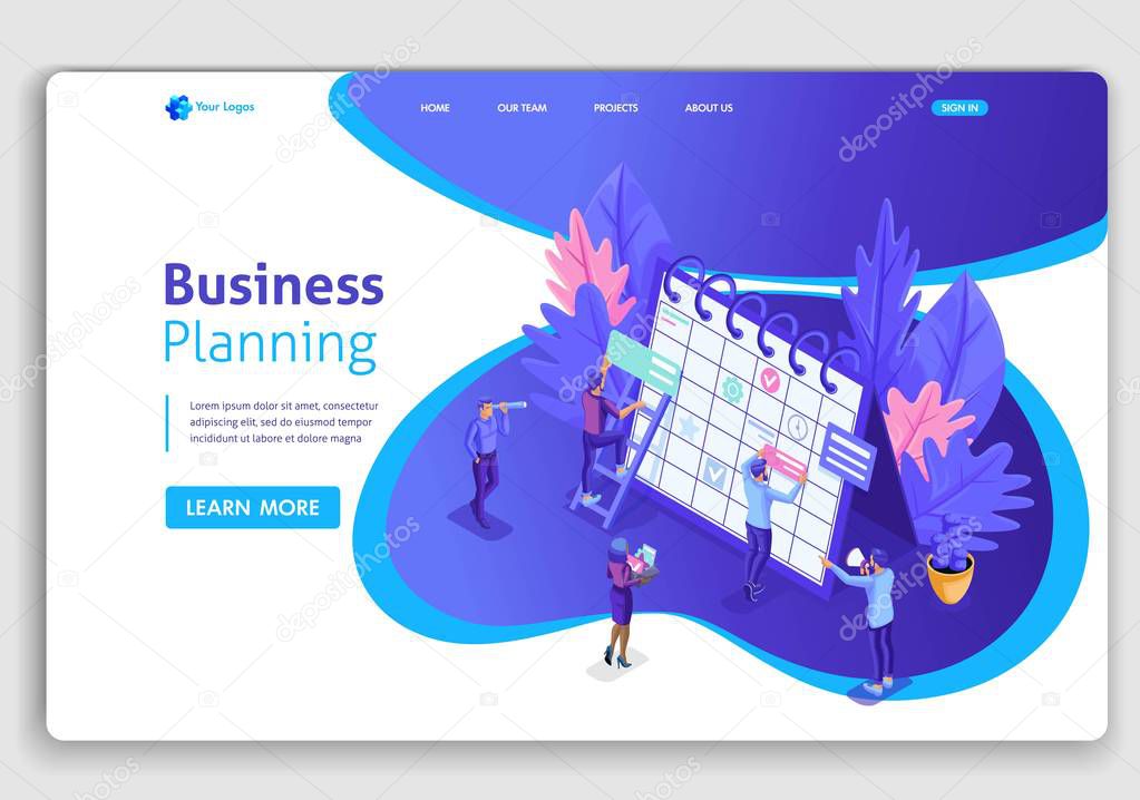 Website template design. Isometric concept businessmen work, Scheduling for a web site. Easy to edit and customize