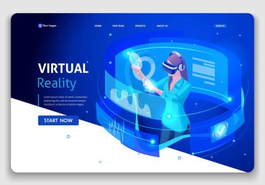 Web sitesi şablonu iş tasarımı. İzometrik kavramı iş iş kadın, Augmented gerçeklik, zaman yönetimi. Düzenlemek ve özelleştirmek kolay