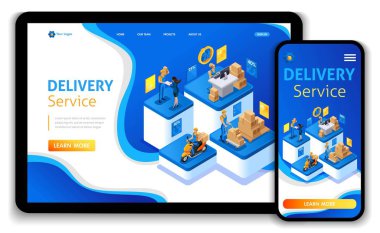 Web sitesi şablonu tasarımı. İzometrik kavramı teslim hizmet vermektedir. Hızlı teslim, online sipariş, çağrı merkezi. Kolay düzenleme ve açılış sayfası, Responsive özelleştirmek