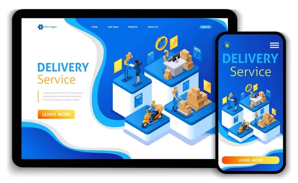 Design del modello di sito web. Concetto isometrico La consegna serve. Consegna espressa, ordine online, call center. Facile da modificare e personalizzare landing page, Responsive — Vettoriale Stock