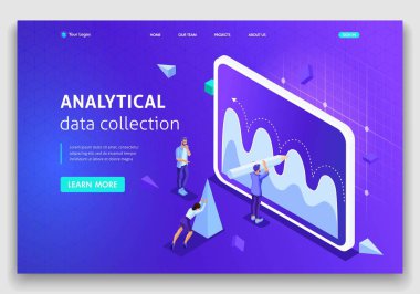 Web sitesi şablonu açılış sayfası izometrik kavramı analitik veri toplama, takım çalışması. Düzenlemek ve özelleştirmek kolay