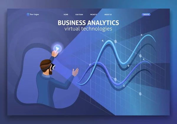 Página inicial Isometric Concept análise de negócios, tecnologias virtuais. Design de modelo de site. Fácil de editar e personalizar —  Vetores de Stock
