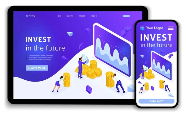 Web sitesi şablonu açılış sayfası izometrik kavramı yatırım yönetimi, yatırım için para işadamları taşırlar. Düzenlemek ve özelleştirmek kolay, duyarlı — Stok Vektör