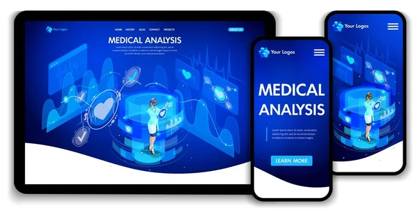 Diseño de plantilla web. Concepto isométrico análisis médico, los médicos trabajan en pantallas virtuales. Página de destino de diseño web. Fácil de editar y personalizar, adaptiive ui ux — Vector de stock