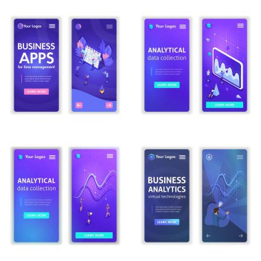 İş teknolojileri, analytics, apps, zaman yönetimi için Web sitesi şablonları kümesi. Web ve mobil, izole arka plan için vektör illüstrasyon kavramlar