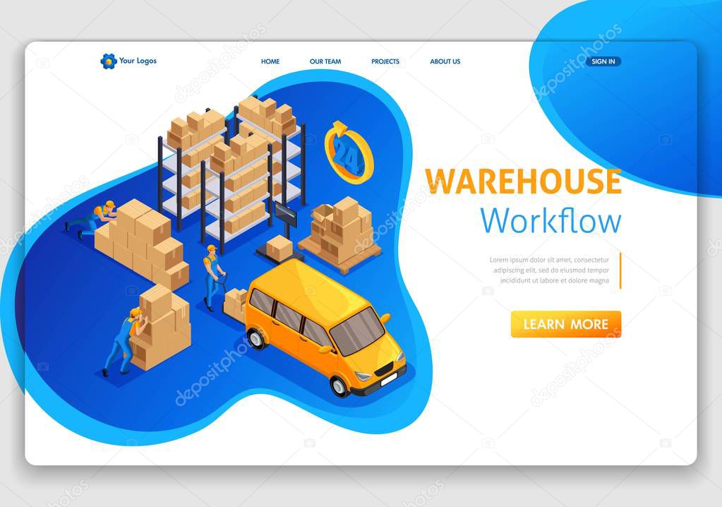 Website Template Landing page Isometric concept warehouse workflow, Warehouse Logistic, trucking, support 24 7. Easy to edit and customize
