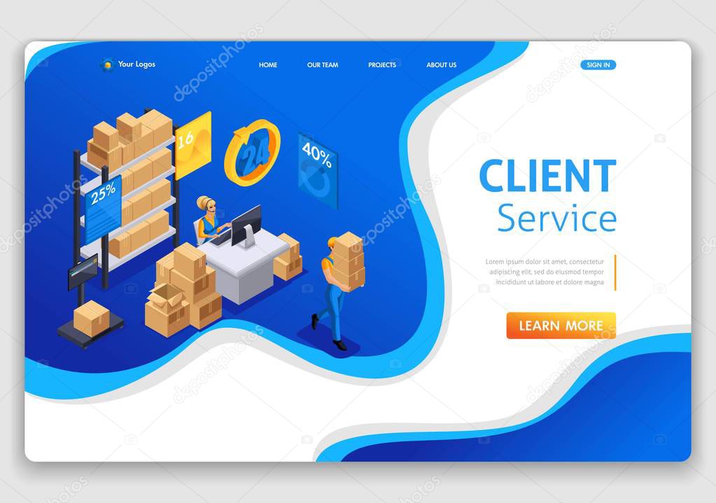 Website Template Landing page Isometric concept customer service, hotline operator, global technical support 24 7. Easy to edit and customize