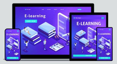 Web sitesi şablonu açılış sayfası izometrik kavramı kitaplığı, e-öğrenme, eğitim, medya kitaplığı veya web arşiv. Kolay düzenleme ve özelleştirme, adaptiive UI ux