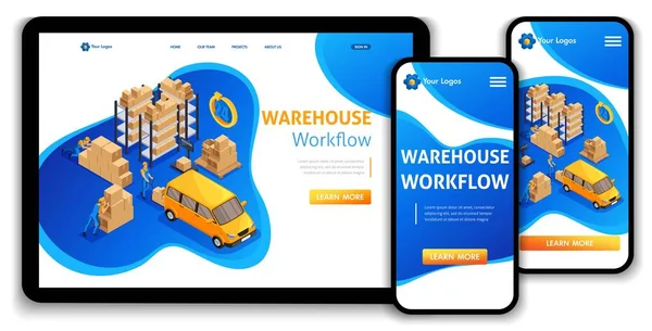 Kamyon Taşımacılığı, Web sitesi şablonu açılış sayfası izometrik kavramı ambar iş akışı, lojistik depo 24 7 destekler. Kolay düzenleme ve özelleştirme, adaptiive UI ux